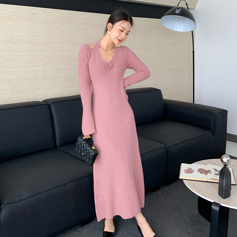 Show waist long sleeve slim A-line small knitted dress