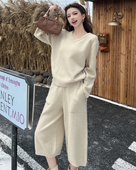 Lazy sweater knitted cropped pants 2pcs set