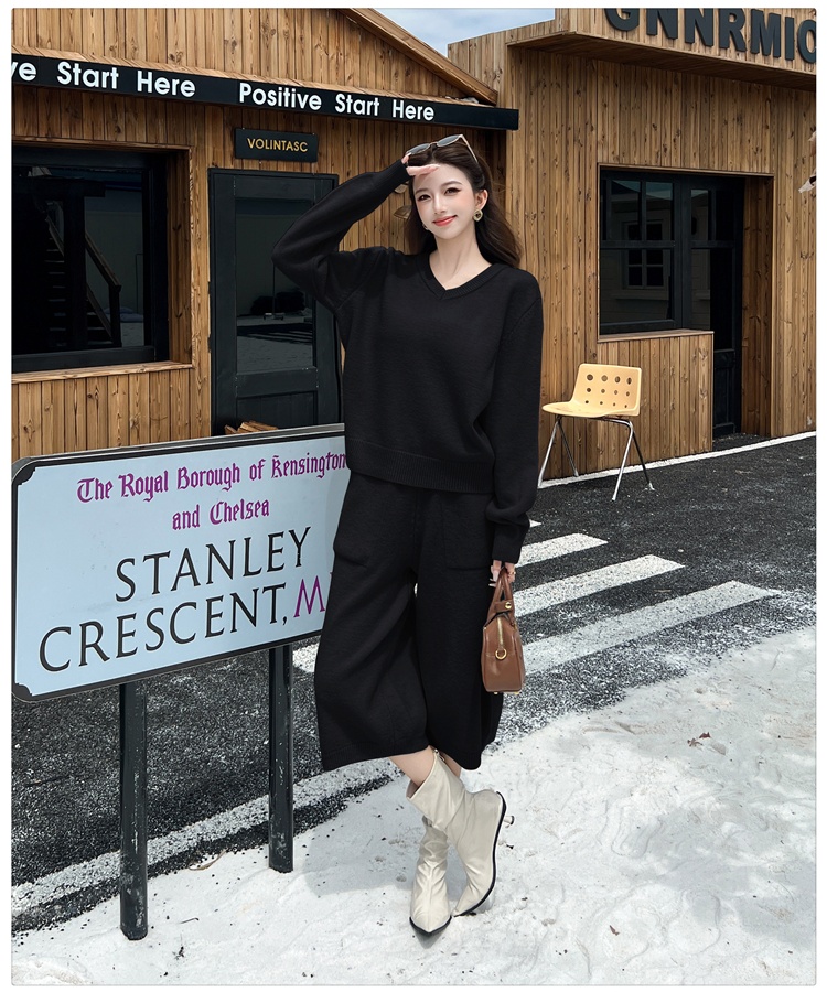 Lazy sweater knitted cropped pants 2pcs set