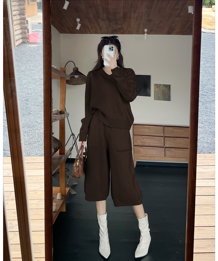 Lazy sweater knitted cropped pants 2pcs set