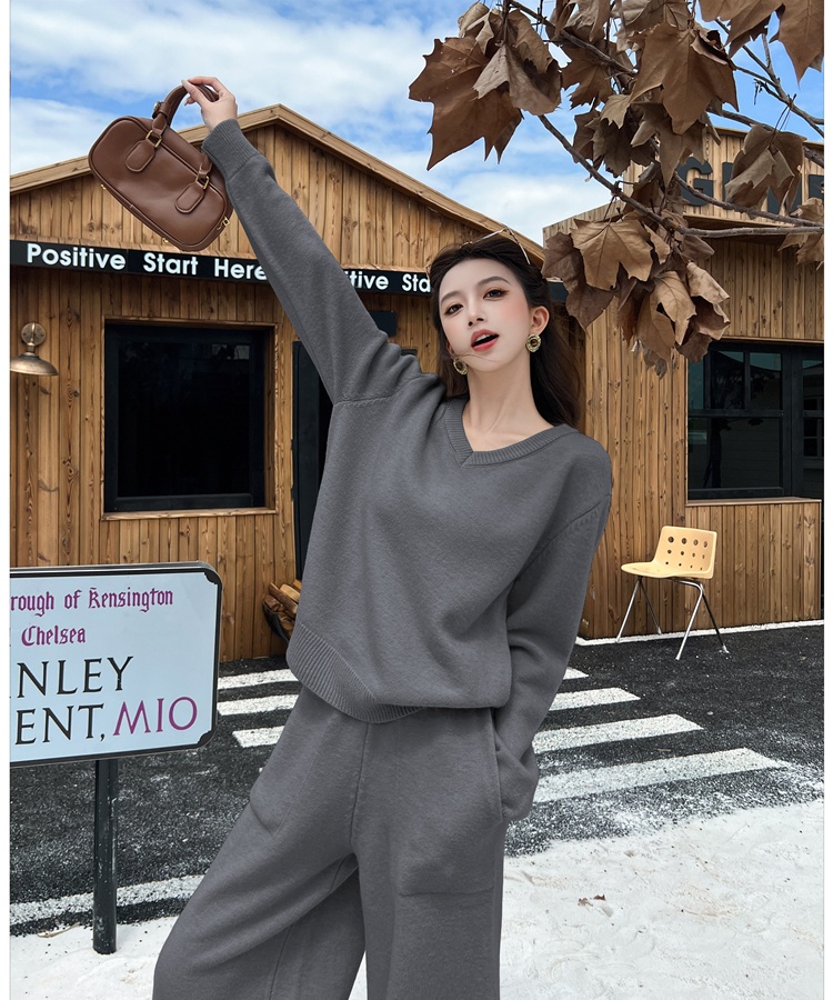 Lazy sweater knitted cropped pants 2pcs set