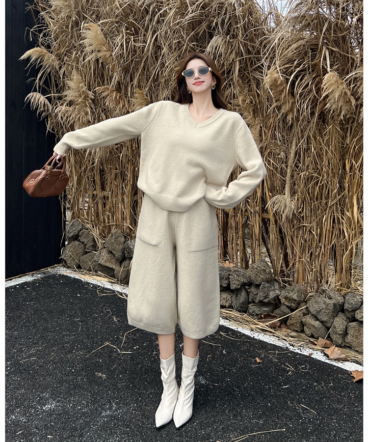 Lazy sweater knitted cropped pants 2pcs set