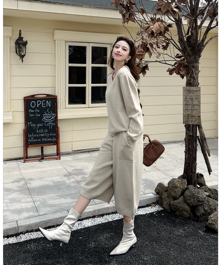 Lazy sweater knitted cropped pants 2pcs set