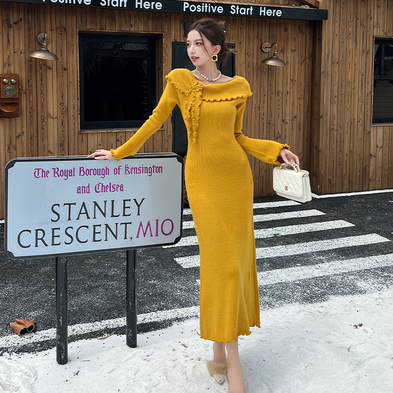 Inside the ride temperament long dress knitted wood ear dress