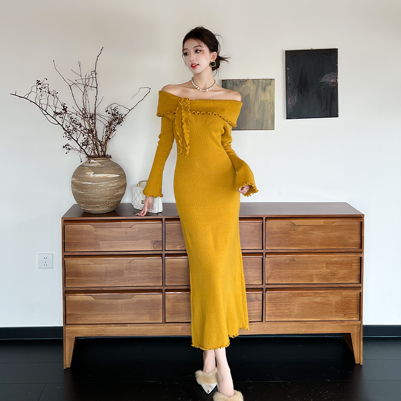 Inside the ride temperament long dress knitted wood ear dress