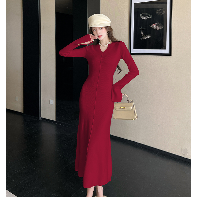 V-neck autumn and winter long dress A-line dress