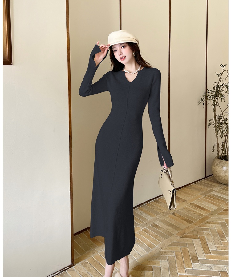 V-neck autumn and winter long dress A-line dress