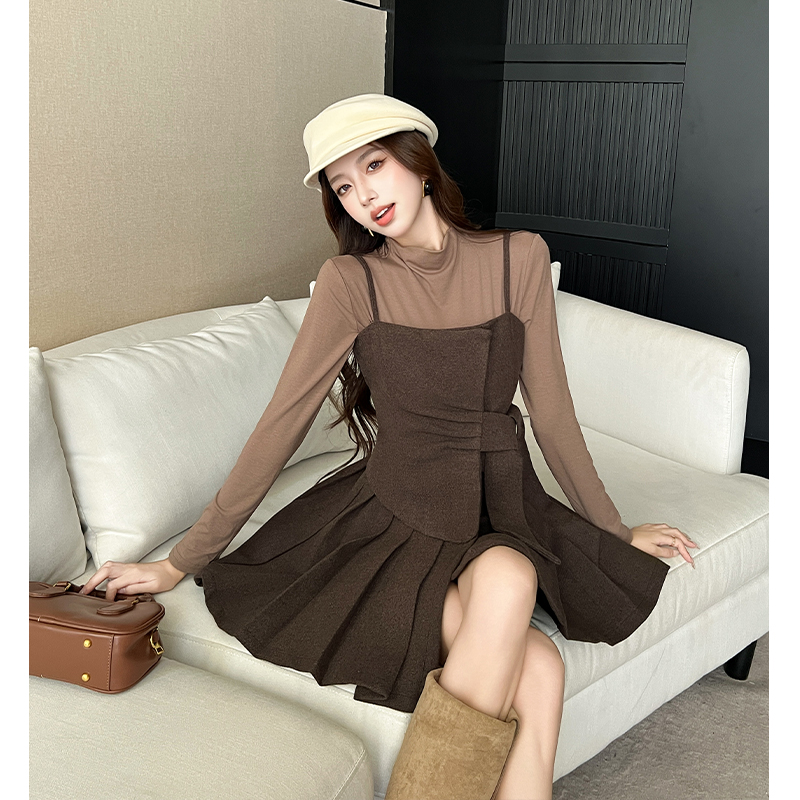 Bottoming sling T-back pleated T-shirt 2pcs set