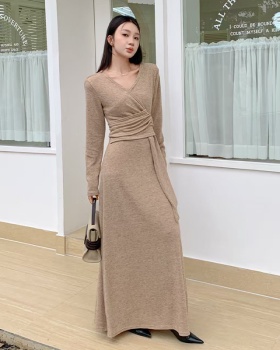 Bandage bottoming dress V-neck autumn long dress for women