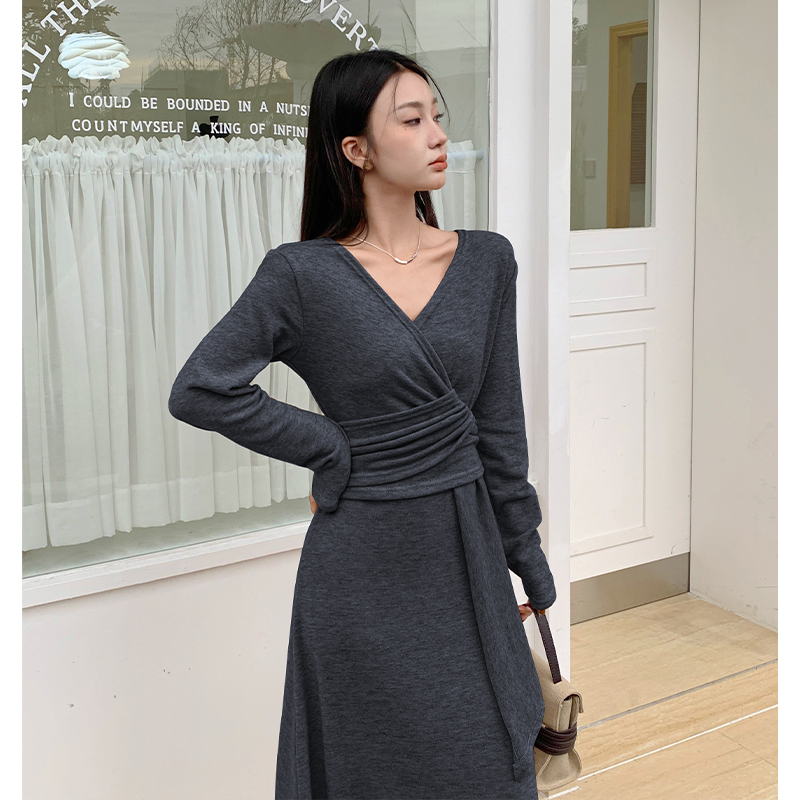 Bandage bottoming dress V-neck autumn long dress for women