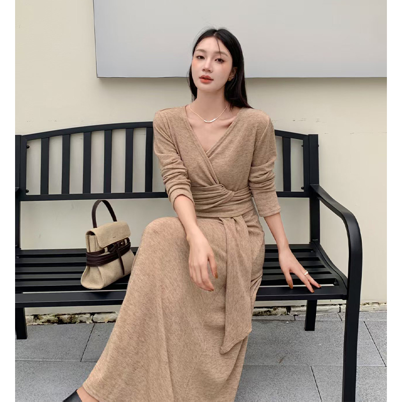 Bandage bottoming dress V-neck autumn long dress for women