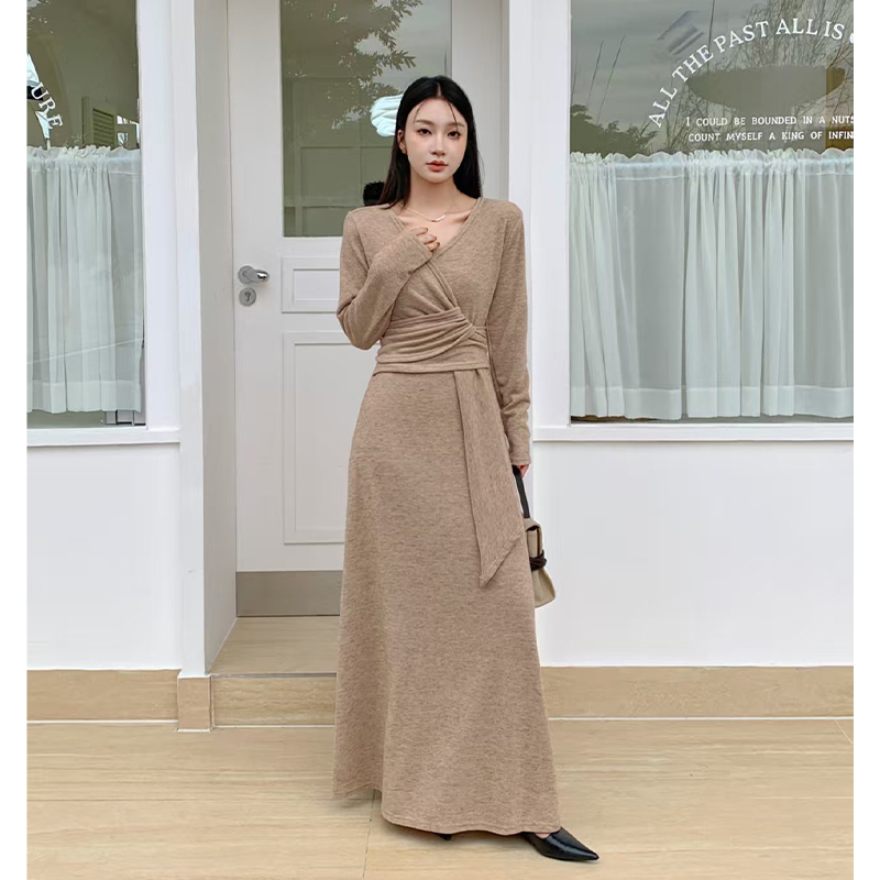 Bandage bottoming dress V-neck autumn long dress for women