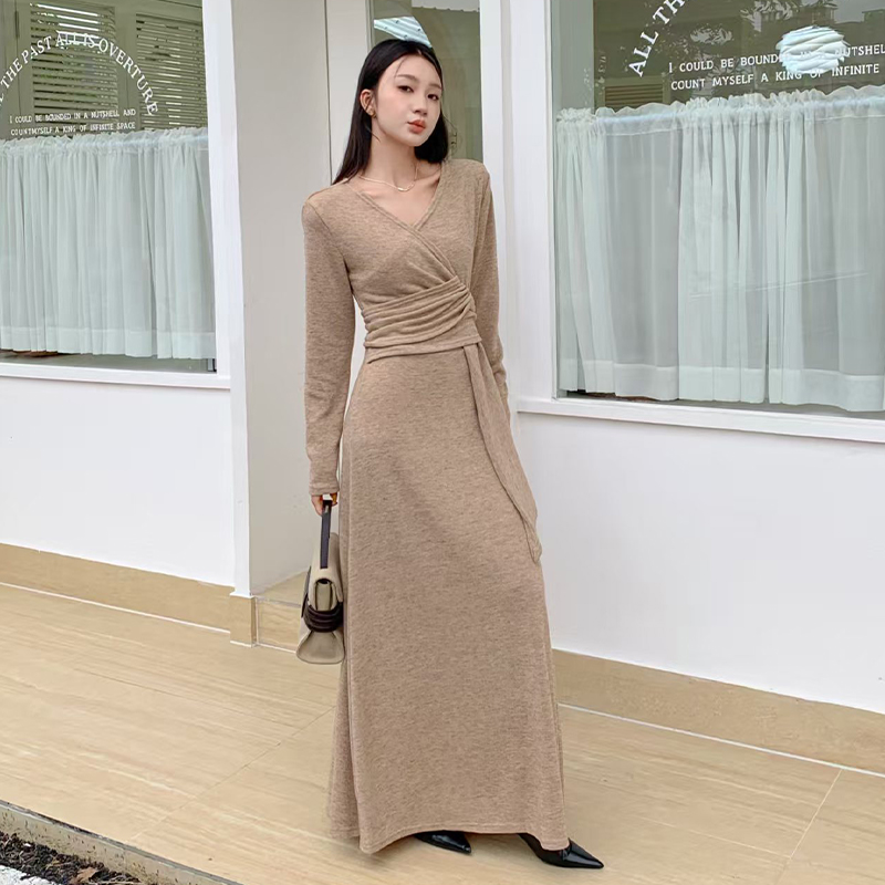 Bandage bottoming dress V-neck autumn long dress for women