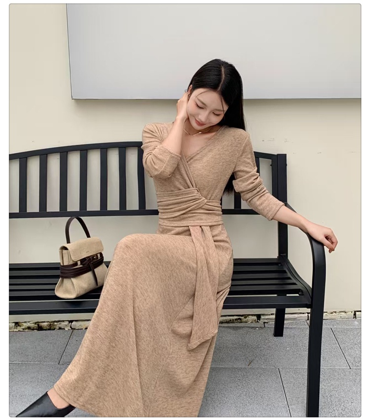 Bandage bottoming dress V-neck autumn long dress for women