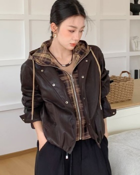 Splice hooded leather coat fashion jacket for women