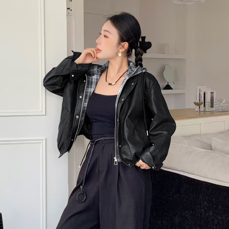 Splice hooded leather coat fashion jacket for women