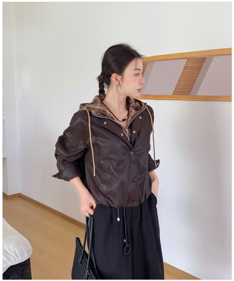 Splice hooded leather coat fashion jacket for women