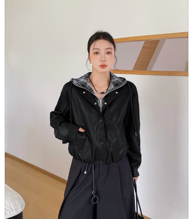 Splice hooded leather coat fashion jacket for women