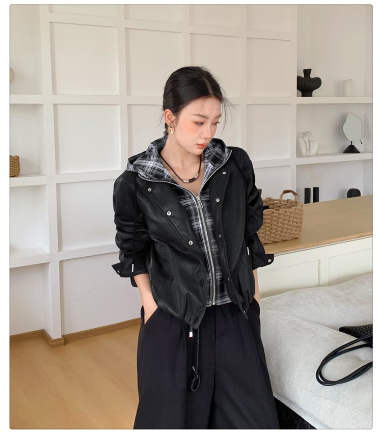 Splice hooded leather coat fashion jacket for women