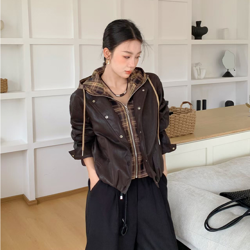 Splice hooded leather coat fashion jacket for women