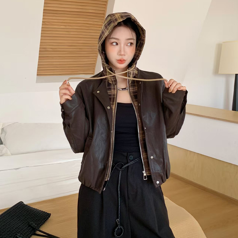 Splice hooded leather coat fashion jacket for women