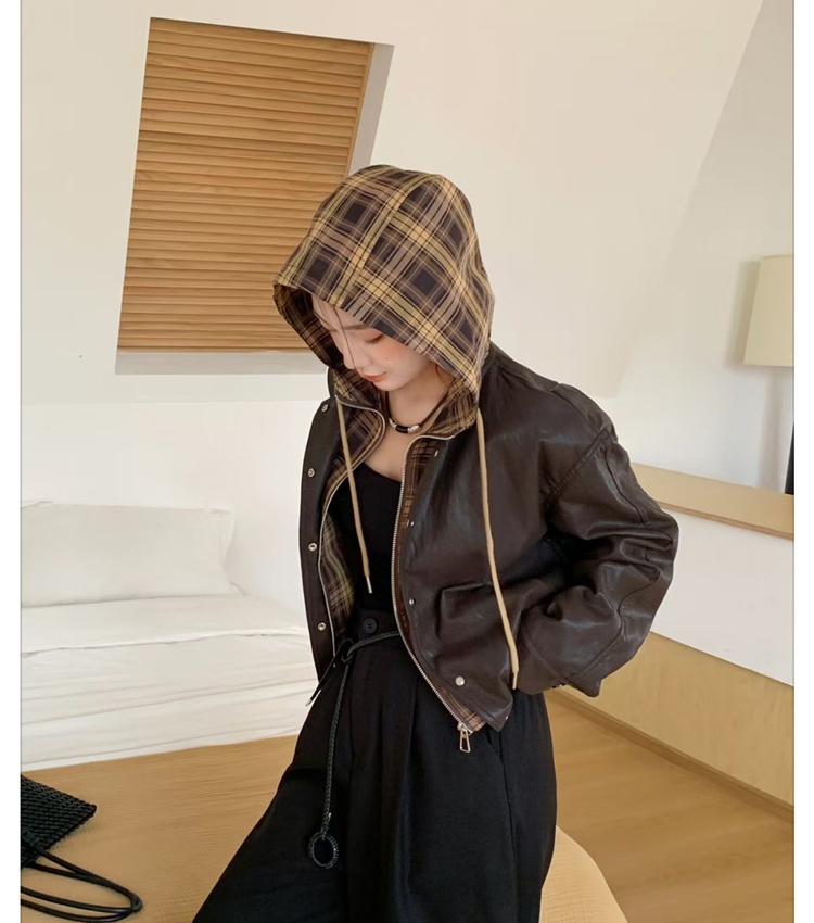 Splice hooded leather coat fashion jacket for women