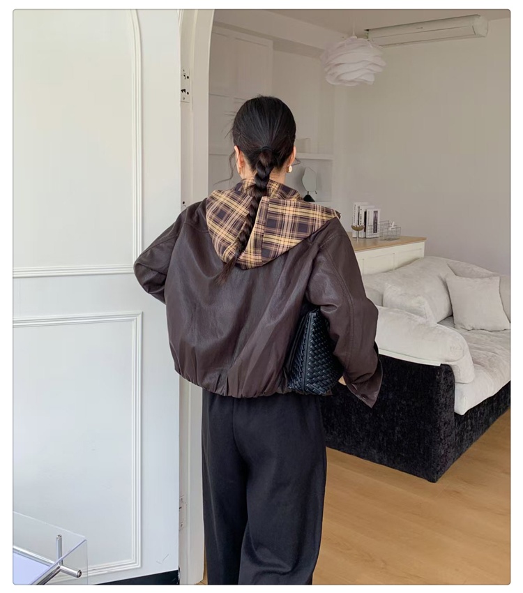 Splice hooded leather coat fashion jacket for women