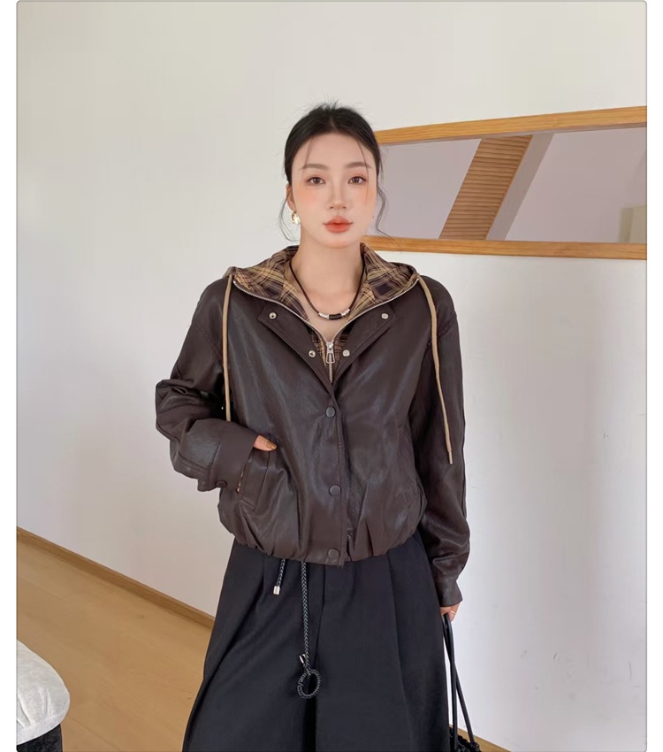 Splice hooded leather coat fashion jacket for women