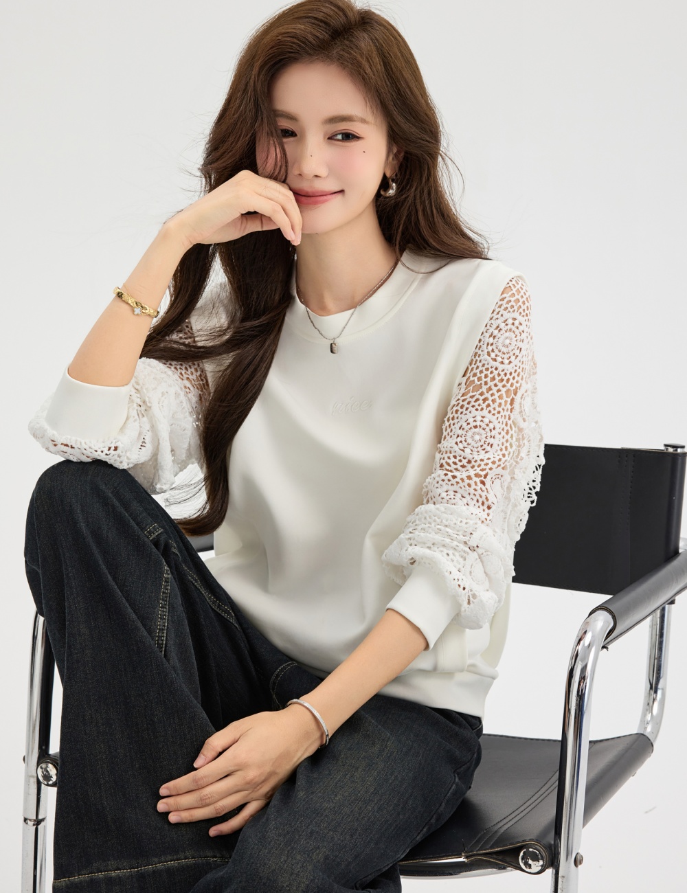 Unique white crochet hoodie niche round neck hollow tops