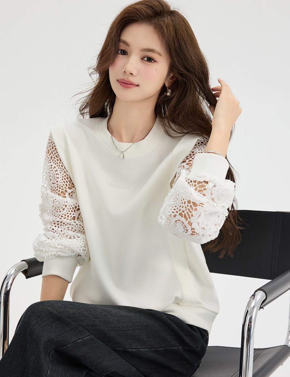 Unique white crochet hoodie niche round neck hollow tops