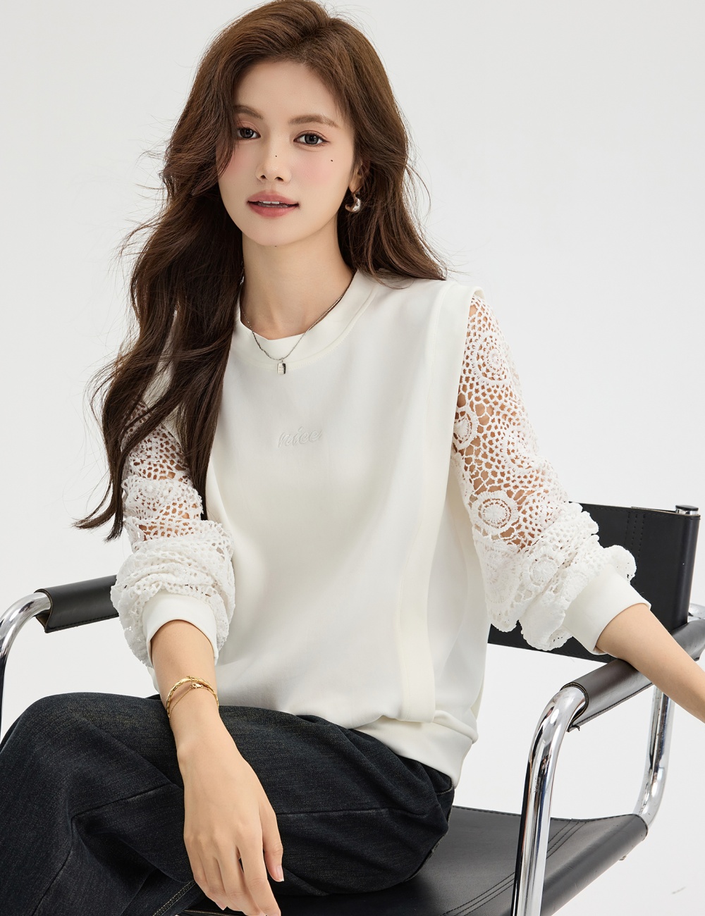 Unique white crochet hoodie niche round neck hollow tops