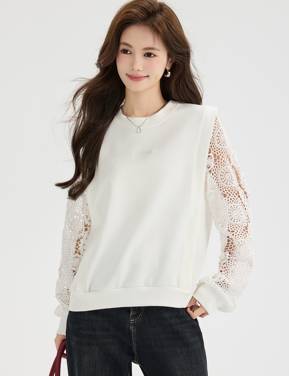 Unique white crochet hoodie niche round neck hollow tops