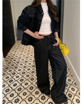 Casual wide leg tops denim American style coat a set