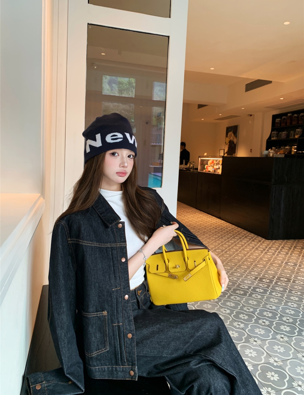 Casual wide leg tops denim American style coat a set
