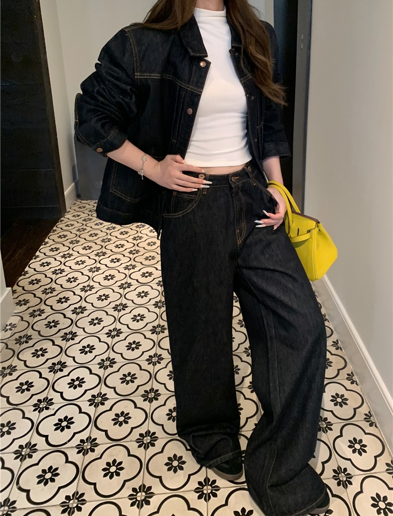 Casual wide leg tops denim American style coat a set