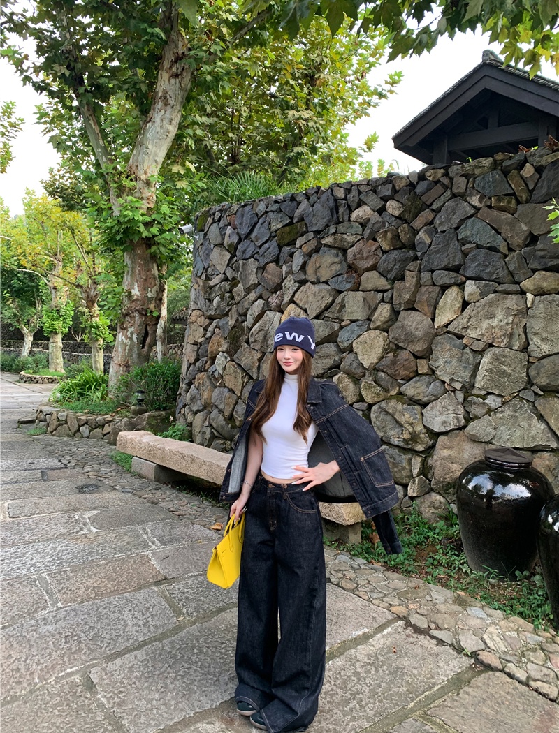 Casual wide leg tops denim American style coat a set