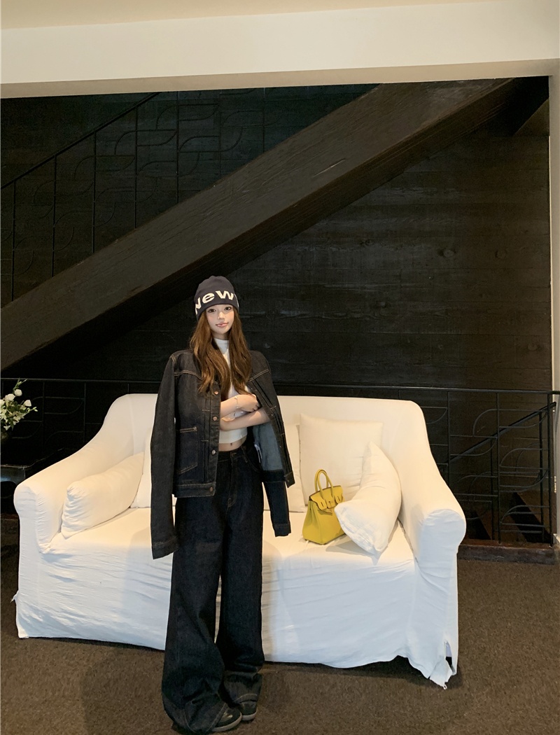 Casual wide leg tops denim American style coat a set