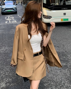 Khaki leopard coat high waist handsome skirt 2pcs set