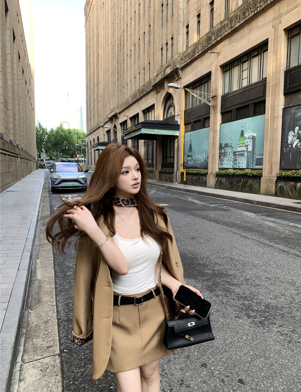 Khaki leopard coat high waist handsome skirt 2pcs set
