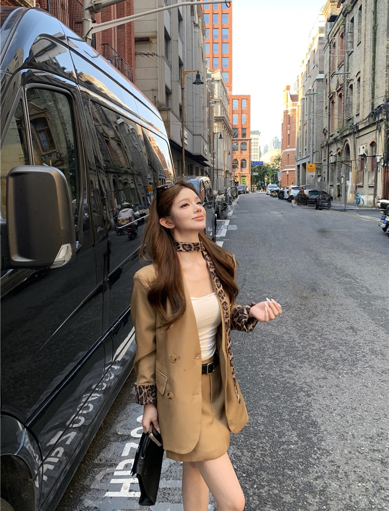 Khaki leopard coat high waist handsome skirt 2pcs set