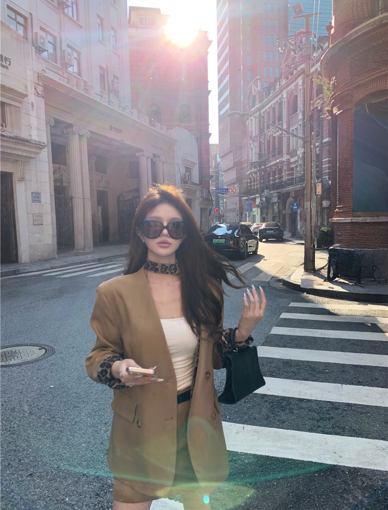 Khaki leopard coat high waist handsome skirt 2pcs set