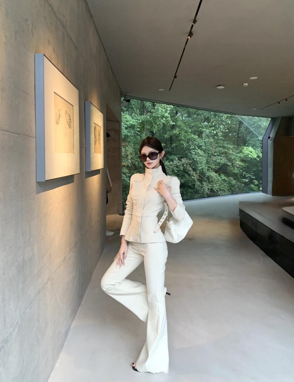 Cstand collar pants light tops 2pcs set for women