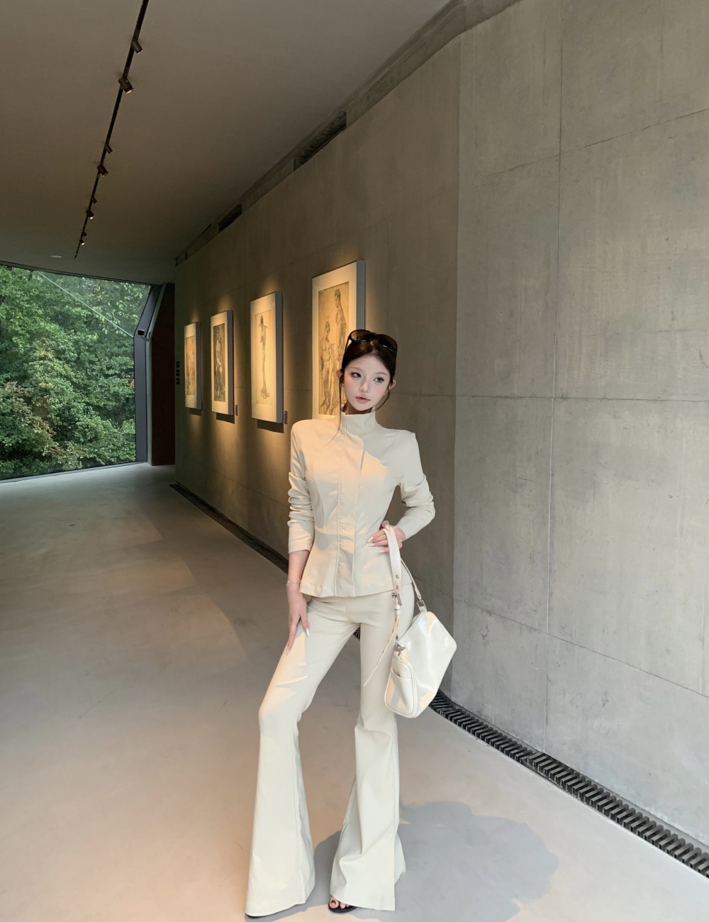 Cstand collar pants light tops 2pcs set for women