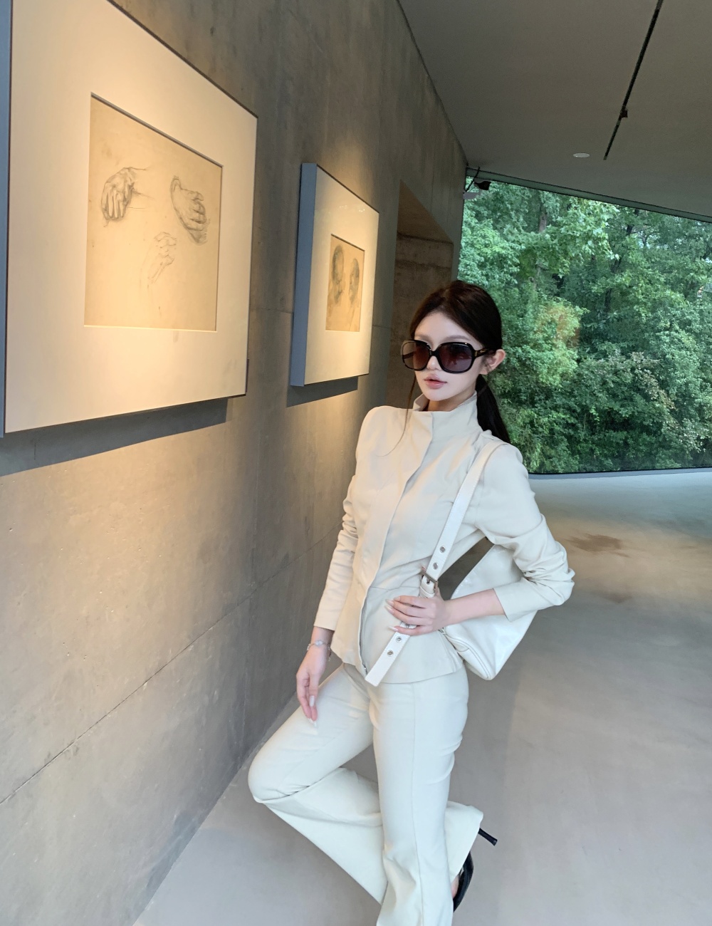 Cstand collar pants light tops 2pcs set for women