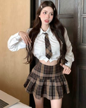 Short slim lapel skirt college style pleated shirt 2pcs set