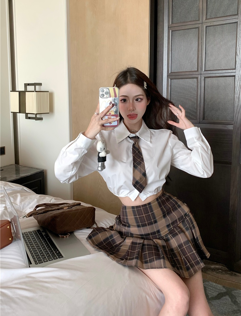 Short slim lapel skirt college style pleated shirt 2pcs set