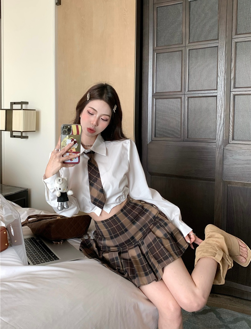 Short slim lapel skirt college style pleated shirt 2pcs set