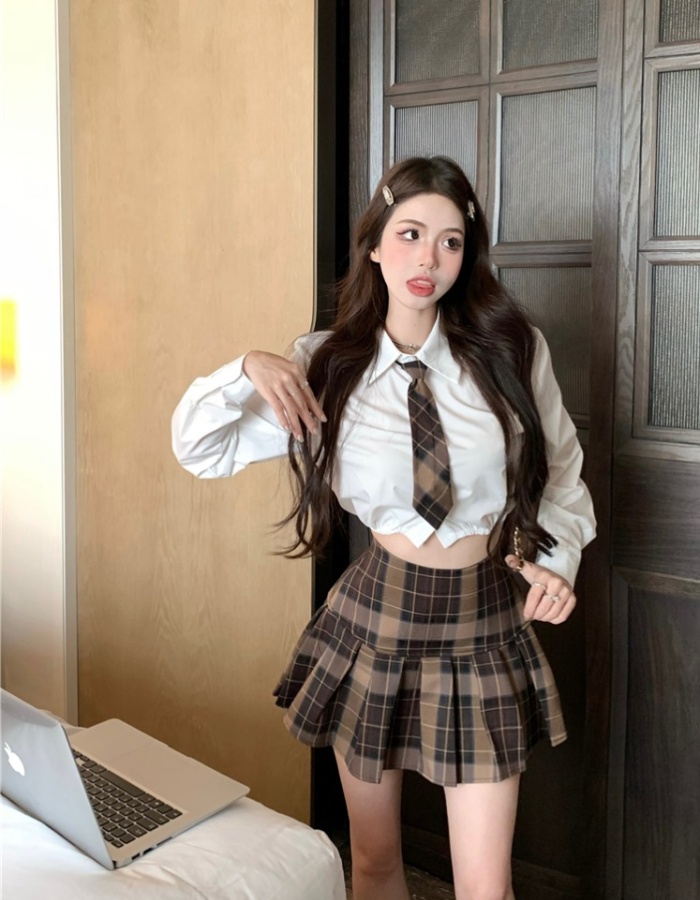 Short slim lapel skirt college style pleated shirt 2pcs set