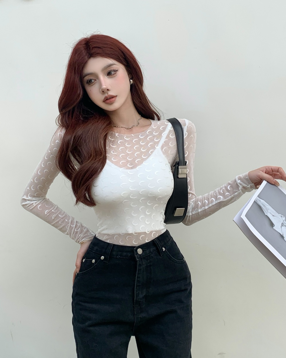 Thin sling gauze T-shirt tight long sleeve vest a set