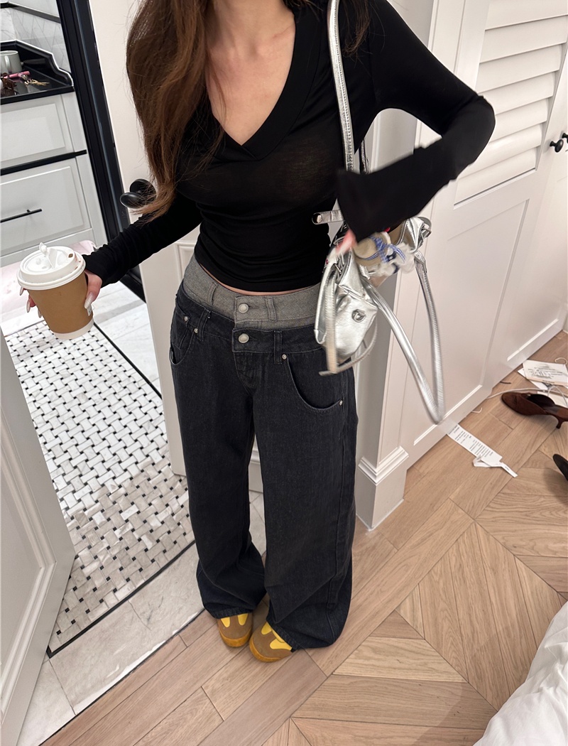 Straight waistband jeans autumn casual pants for women